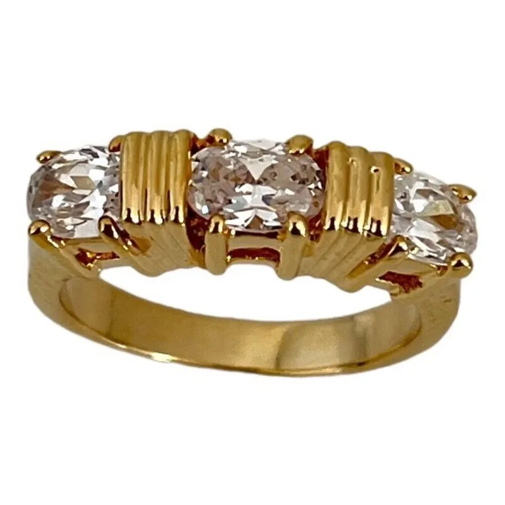 Vintage 1980s Ring Size 6 CZ Three Stone Textured Gold Plated Band - 14S